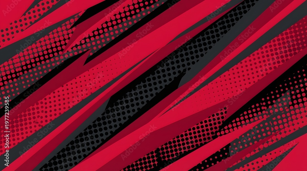 Fototapeta premium Dynamic abstract background of red and dark gray diagonal stripes with halftone dot texture