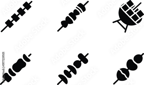 Six black skewer and grill icons in a grid on a white background kebab barbecue