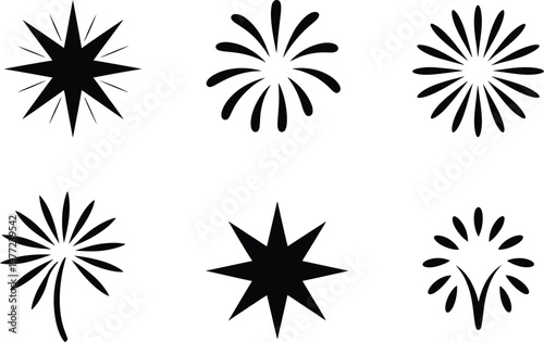 Six black starburst and firework icons in a grid on a white background Keywords: starburst