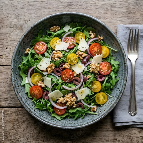 Delicious Arugula Salad with Cherry Tomatoes, Red Onions, Walnuts, and Shaved Parmesan Cheese in a Speckled Ceramic Bowl