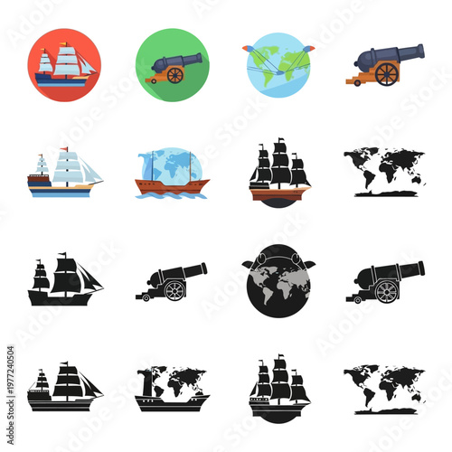 Vintage sailing ships and cannons icons.