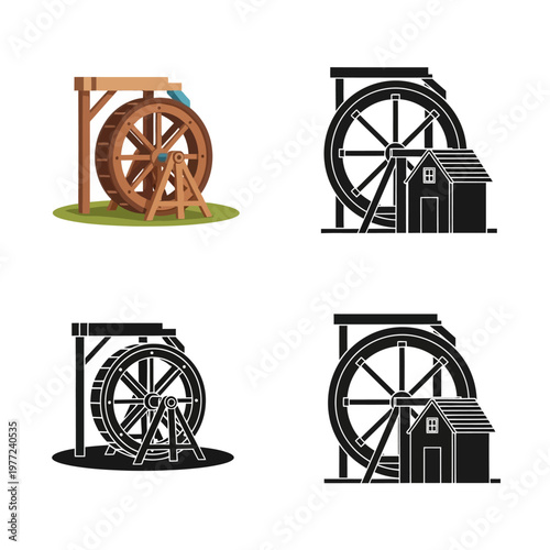 Waterwheel with wooden frame and house.