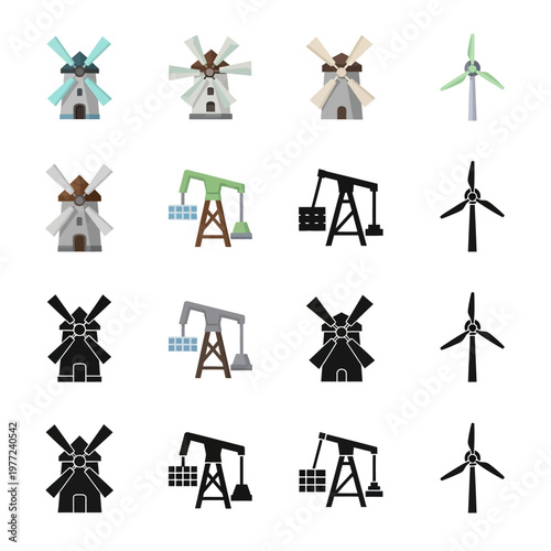 Wind turbines and oil pumps icons.