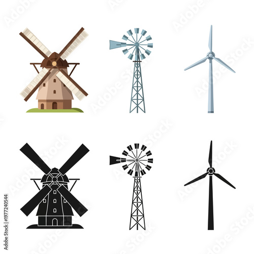 Wind turbines and traditional windmill illustrations.
