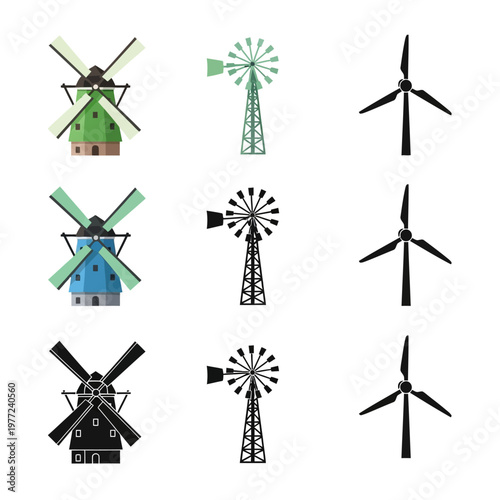 Wind turbines and traditional windmills collection.