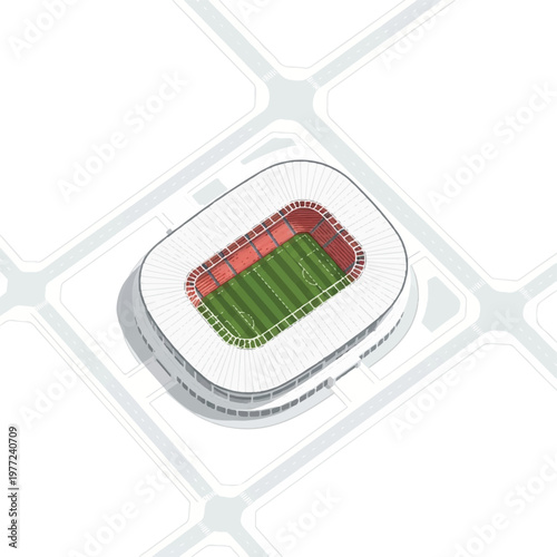 A bird's-eye view of a modern minimalist stadium integrated into a clean white city grid, sharp geometric roads, plenty of negative space, architectural render, flat vector illustration, solid