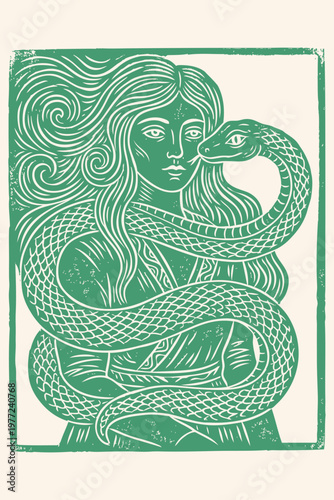 Vector illustration of a beautiful woman with long, flowing hair, entwined with a snake. Evokes ancient mythology and nature in a linocut style.