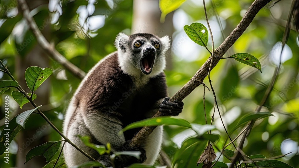 Fototapeta premium Black and White Ruffed Lemur Yawning in Lush Green Forest Canopy