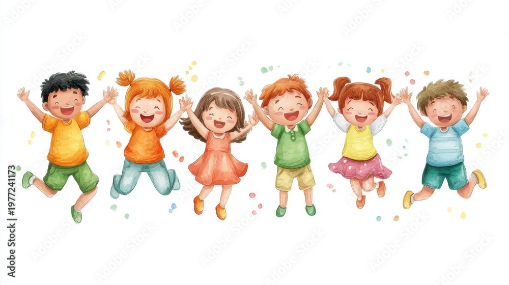 Fototapeta premium Joyful Children Jumping Together in a Colorful Illustrative Scene of Happiness and Fun