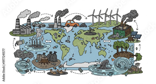World Map Depicting Environmental Issues and Sustainable Solutions.