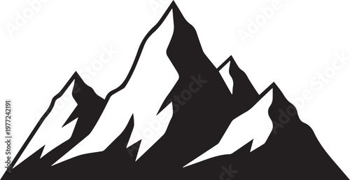 Black silhouette of a mountain range with snow-capped peaks isolated on transparent background