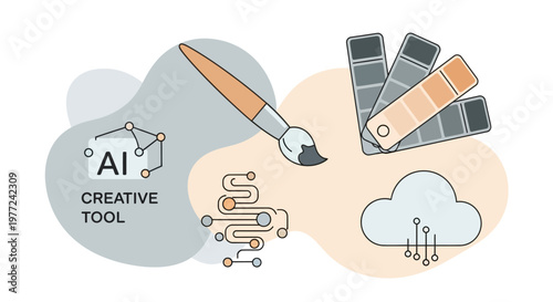 AI creative tool concept with paintbrush, circuit board and cloud computing