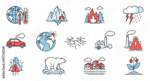 Climate Change Icons - Global Warming, Pollution, and Environmental Disasters.