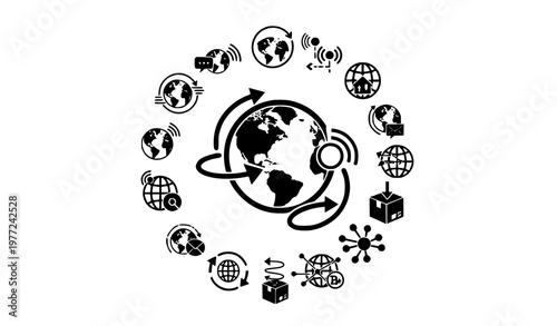 Worldwide communication and logistics globe icon collection vector illustration