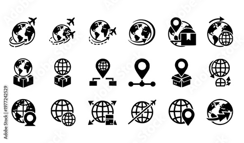 Global travel and logistics globe icons black white vector illustration set