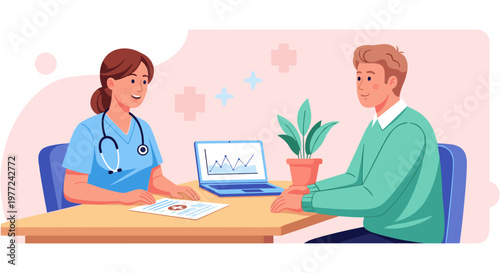 Female doctor consulting male patient in modern clinic office with laptop and documents in professional lighting for healthcare advertising