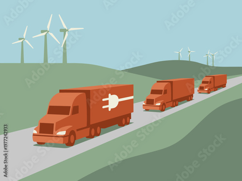 Sustainable transport electric trucks driving on a road powered by wind turbines