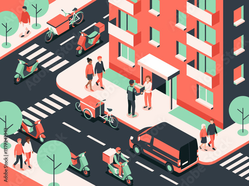 Isometric view of city street with delivery personnel and residential building, showcasing urban logistics and services