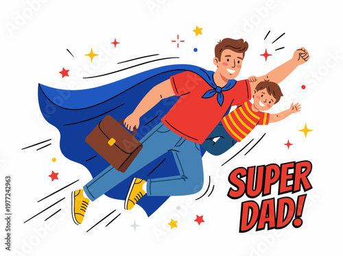Super Dad Flying With Child A Heartwarming Flat Vector Illustration Celebrating Fatherhood and Family Bonds