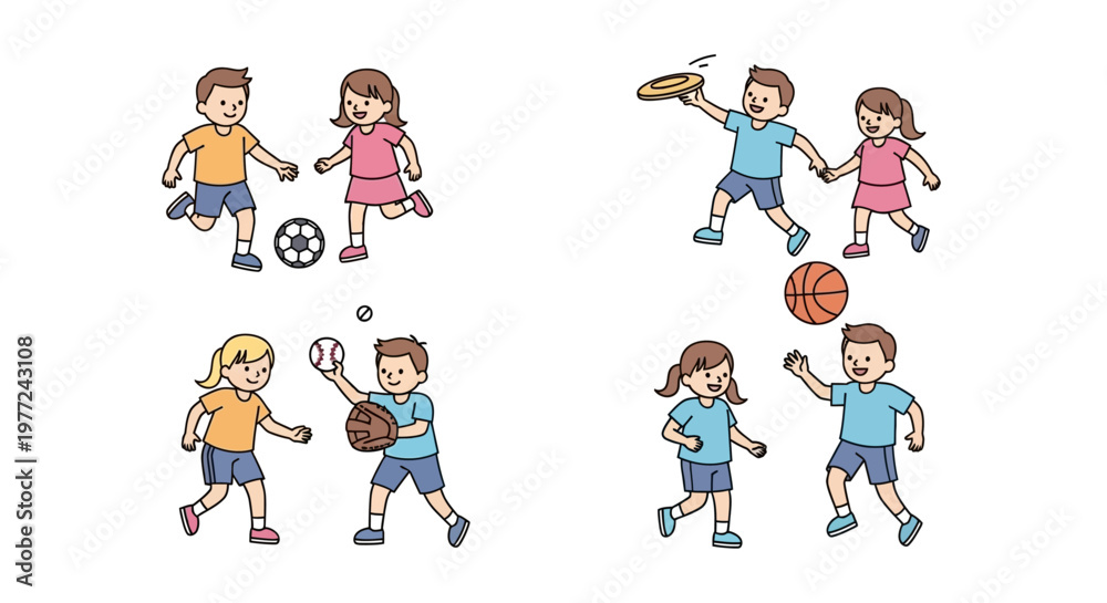 Naklejka premium Children Playing Various Sports Together.
