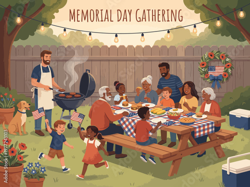 A diverse group of people enjoying a festive Memorial Day barbecue in a backyard with decorations