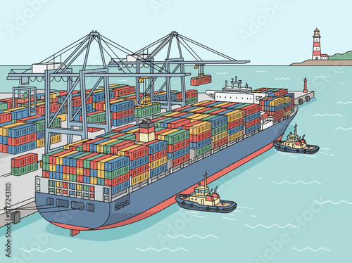 Vibrant vector illustration of a bustling international cargo port, showcasing a massive container ship being loaded by gantry cranes amidst stacked freight containers and assisting tugboats
