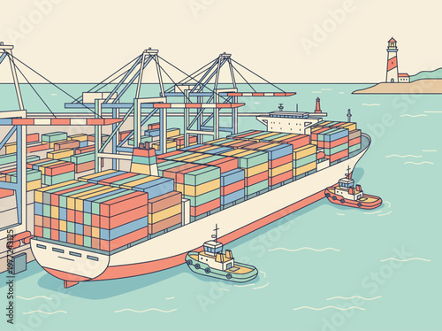 Vast Container Ship Docked at Industrial Port with Cranes and Tugboats Navigating Waters