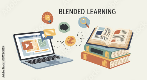 Blended learning concept with laptop and books