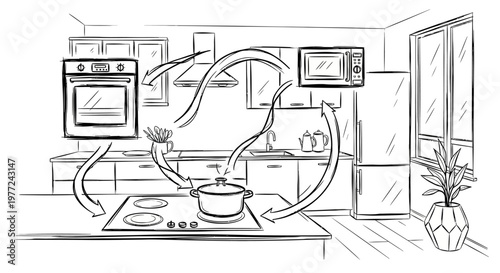 Black and white kitchen with arrows showing recycling and reuse of cooking oil