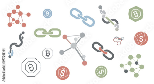 Blockchain cryptocurrency symbols and molecular structures