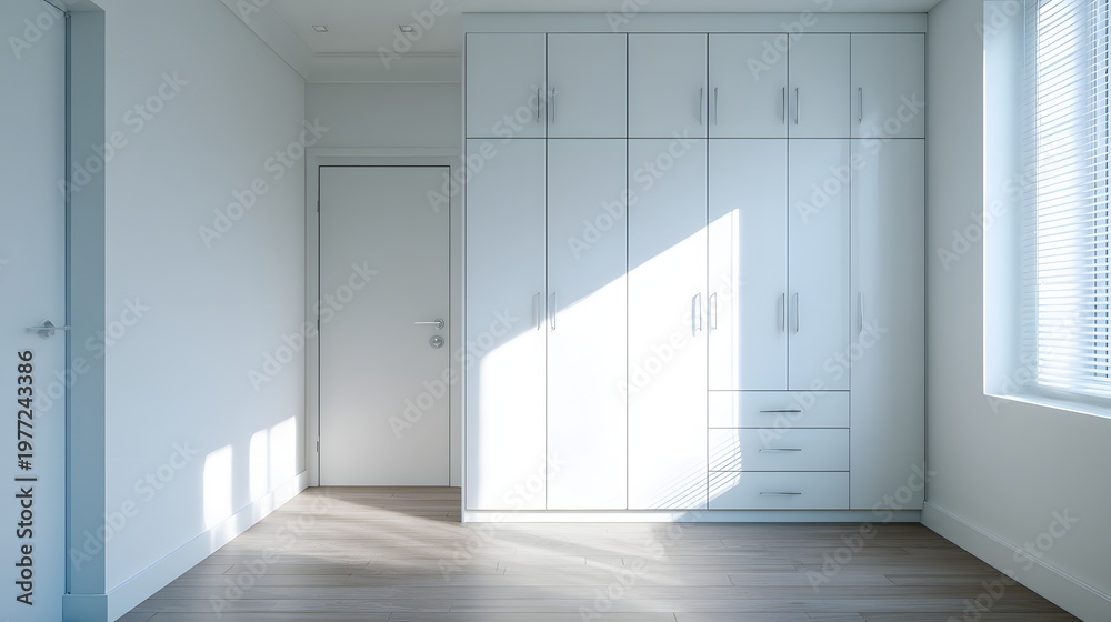 Fototapeta premium Wide view of clean white empty room with built-in wardrobe.
