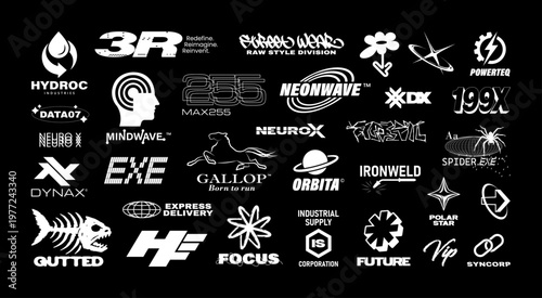  Fictional tech, streetwear, and industrial logos. Y2K Fake logo collection. Ideal for branding mockups, digital design concepts, streetwear prints. Industry and brands logotypes. Vector graphic set