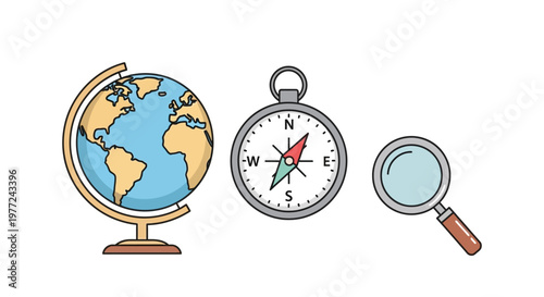 Globe compass and magnifying tools.