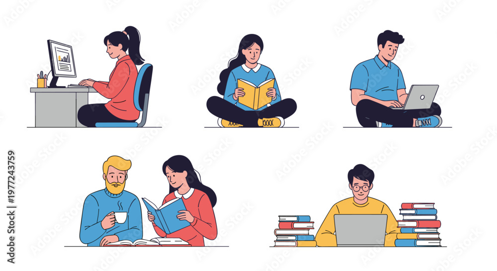 Fototapeta premium Students and remote workers using laptops and reading books to illustrate educational study and professional productivity.