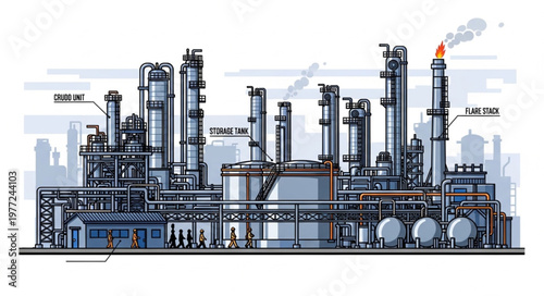 Detailed Illustration of a Large Industrial Oil Refinery Complex.