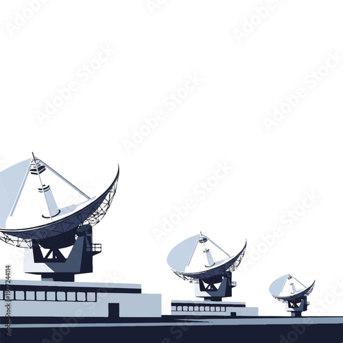 A minimalist satellite broadcasting station with clean parabolic dishes against a vast white sky, sharp architectural lines, professional media mood, flat vector illustration, solid flat block