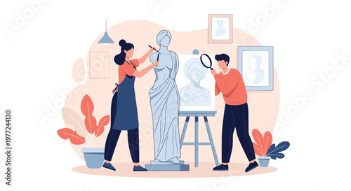 Creative art studio scene where a woman works on a marble sculpture while a man studies a painting with a magnifying glass.