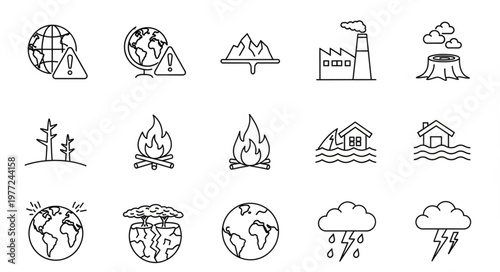 Collection of Environmental Disaster Icons - Earthquakes, Volcanoes, Floods, and Pollution.