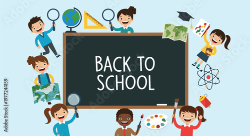 Happy school children celebrating their return to class around a large blackboard with various educational icons and school supplies.