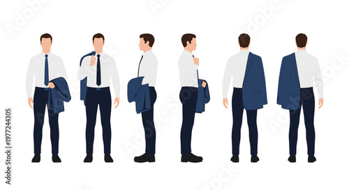 Businessman in a white shirt and tie shown from six different angles including front side and back for character design.