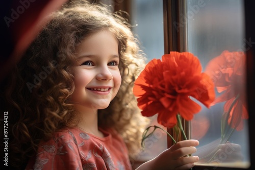 Young girl with curly hair smiling and holding a red flower by a reflective window