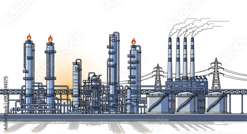 Detailed illustration of an industrial oil refinery complex with smokestacks.