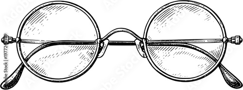 Round Vintage Wire Frame Glasses Engraving Style Ink Illustration Vector