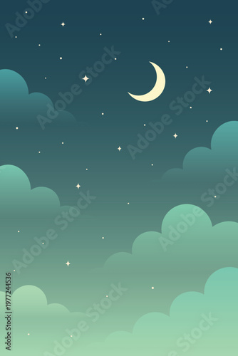 Night Sky with Crescent Moon, Stars, and Clouds