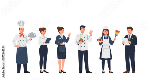 Professional restaurant team including chefs, servers, and manager stand in a row ready to serve customers with excellence.