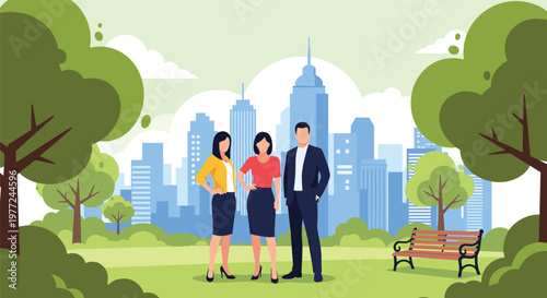 Group of three young professionals stands confidently in a scenic city park with skyscrapers and lush trees in the background.