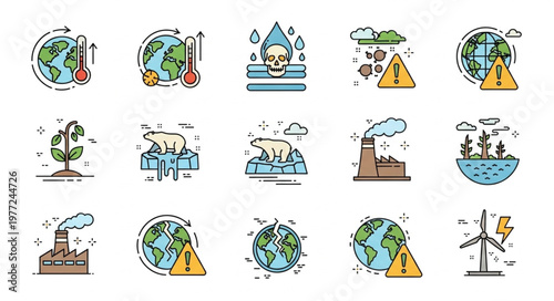 Collection of Climate Change Icons Depicting Global Warming and Environmental Issues.