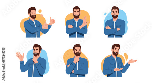 Character design sheet shows a bearded man in a blue shirt expressing various emotions and gestures through different poses.