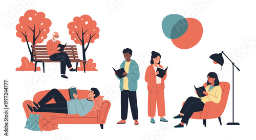 Various individuals are shown enjoying books in different relaxing environments such as a park bench, sofa, and armchair.