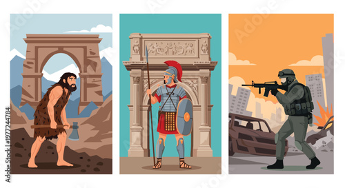 Three vertical panels depict the evolution of warriors from a prehistoric caveman to a Roman soldier and a modern soldier.